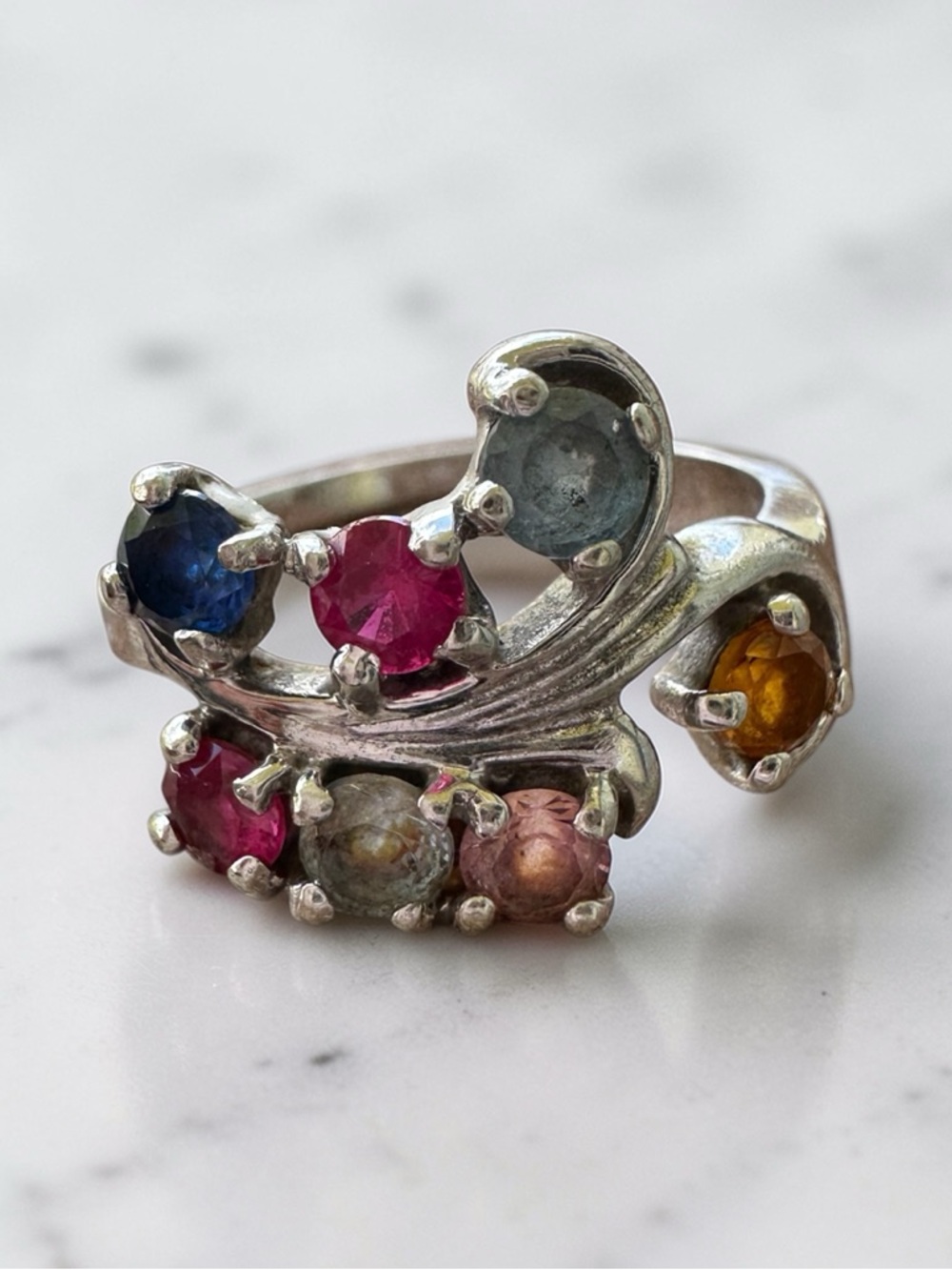 Vintage Natural Ruby & Sapphire 10K White Gold Bouquet Ring